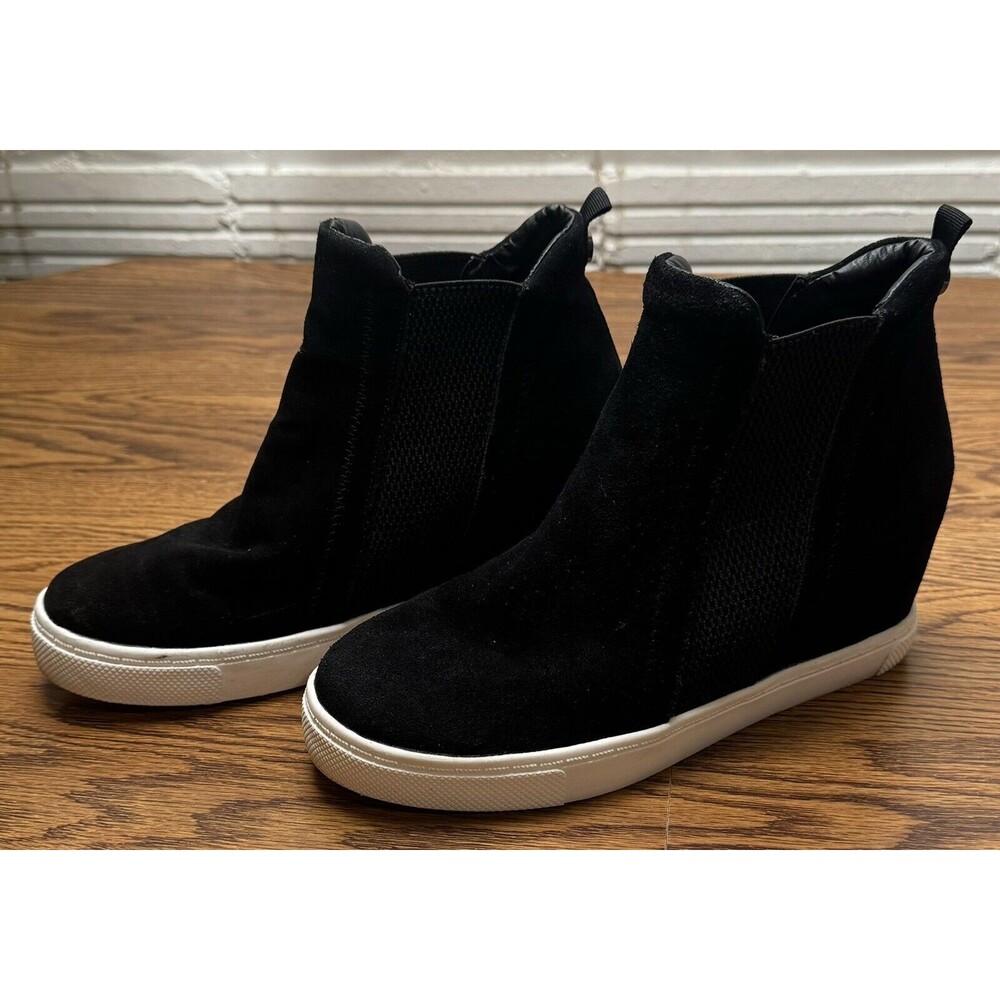 Steve Madden Women's Size 8 Shoes Black White Suede Chelsea Hidden Wedge Boots